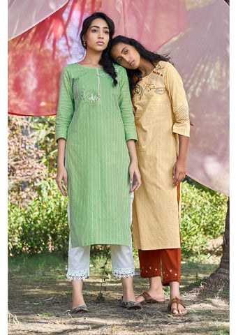 Four Buttons Launched Peach Cotton Weaving Embroidery Work Casual Wear Kurtis
