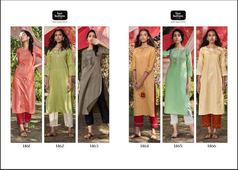 Four Buttons Launched Peach Cotton Weaving Embroidery Work Casual Wear Kurtis