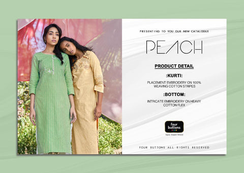 Four Buttons Launched Peach Cotton Weaving Embroidery Work Casual Wear Kurtis