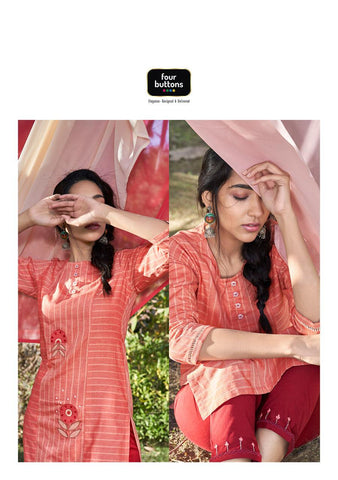 Four Buttons Launched Peach Cotton Weaving Embroidery Work Casual Wear Kurtis