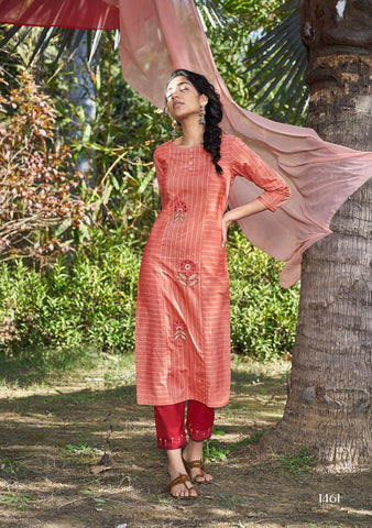 Four Buttons Launched Peach Cotton Weaving Embroidery Work Casual Wear Kurtis