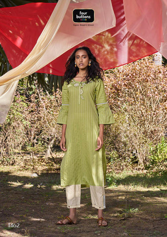 Four Buttons Launched Peach Cotton Weaving Embroidery Work Casual Wear Kurtis