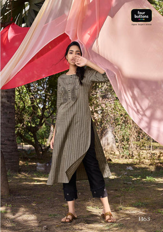 Four Buttons Launched Peach Cotton Weaving Embroidery Work Casual Wear Kurtis