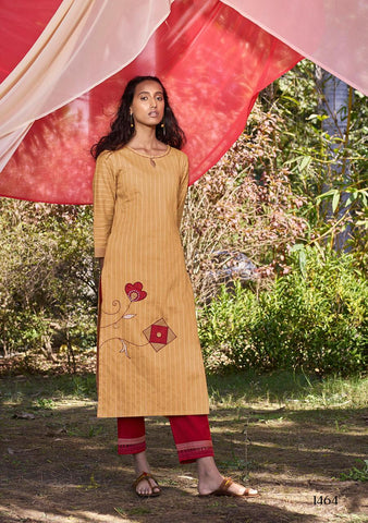 Four Buttons Launched Peach Cotton Weaving Embroidery Work Casual Wear Kurtis