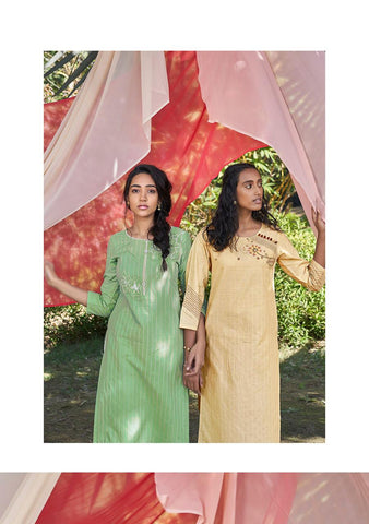 Four Buttons Launched Peach Cotton Weaving Embroidery Work Casual Wear Kurtis