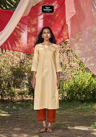 Four Buttons Launched Peach Cotton Weaving Embroidery Work Casual Wear Kurtis