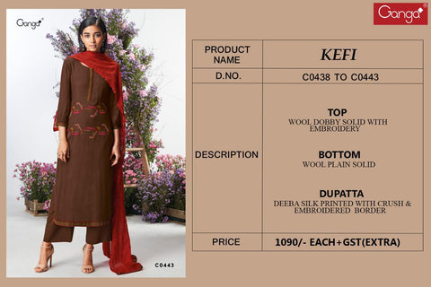 Ganga Launched Kefi Wool Dobby Solid Embroidery Work Fancy Designer Salwar Suits