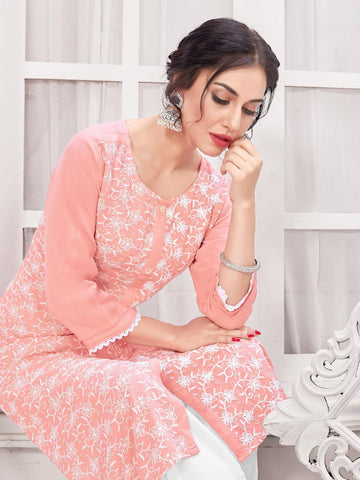 Hazeel Presents Schiffli Rayon Slub Fancy Designer Kurtis Collections