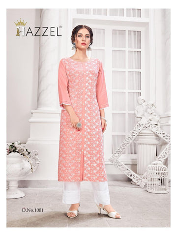 Hazeel Presents Schiffli Rayon Slub Fancy Designer Kurtis Collections