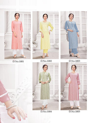 Hazeel Presents Schiffli Rayon Slub Fancy Designer Kurtis Collections