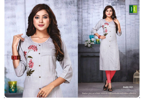 Hirwa Launched Rakhi Vol 3 Rayon Embroidery Work Fancy Designer Kurtis Collection