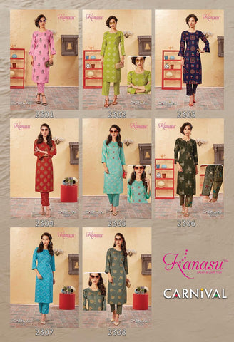 Kanasu Kurti Presents Carnival Rayon Fancy Designer Kurtis Collection With Plazzo