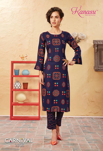 Kanasu Kurti Presents Carnival Rayon Fancy Designer Kurtis Collection With Plazzo