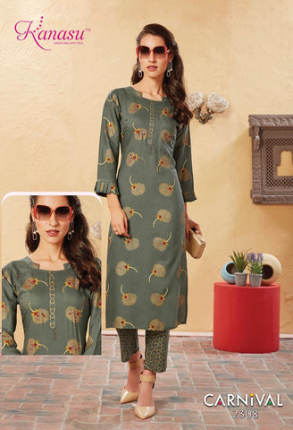 Kanasu Kurti Presents Carnival Rayon Fancy Designer Kurtis Collection With Plazzo
