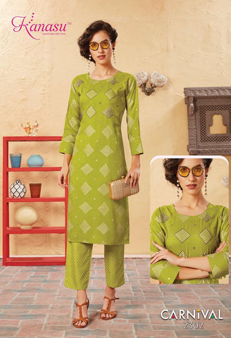 Kanasu Kurti Presents Carnival Rayon Fancy Designer Kurtis Collection With Plazzo