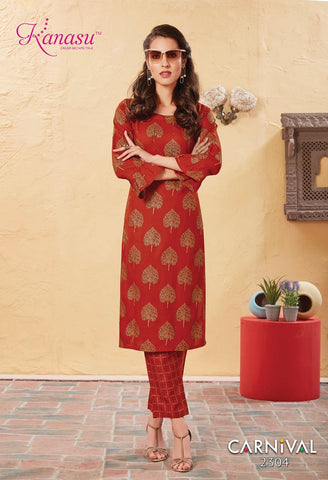 Kanasu Kurti Presents Carnival Rayon Fancy Designer Kurtis Collection With Plazzo
