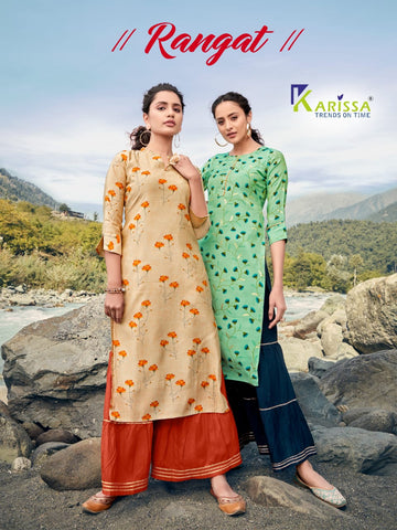 Karissa Launched Rangat Heavy Maslin Silk Fancy Designer Kurtis With Sharara Collection