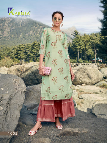 Karissa Launched Rangat Heavy Maslin Silk Fancy Designer Kurtis With Sharara Collection