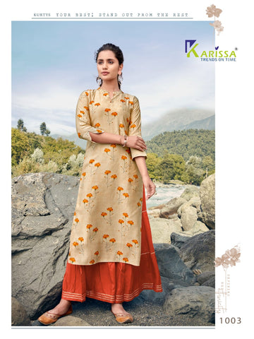 Karissa Launched Rangat Heavy Maslin Silk Fancy Designer Kurtis With Sharara Collection