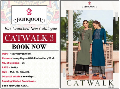 Kessi Fabrics Rangoon Launched Catwalk Vol 3 Rayon Fancy Designer Kurtis With Plazzo