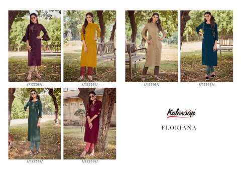 Kalaroop Presents Floriana Fancy Silk Rayon Designer Kurtis With Pants Collection