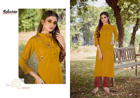 Kalaroop Presents Floriana Fancy Silk Rayon Designer Kurtis With Pants Collection