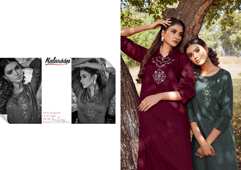 Kalaroop Presents Floriana Fancy Silk Rayon Designer Kurtis With Pants Collection