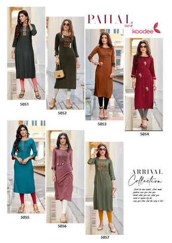 Koodee Presents Pahal Vol 8 Rayon Embroidery Work Stylish Designer Kurtis Collection