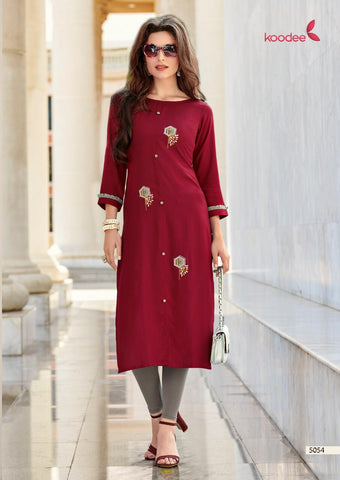 Koodee Presents Pahal Vol 8 Rayon Embroidery Work Stylish Designer Kurtis Collection