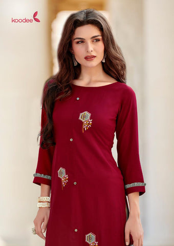 Koodee Presents Pahal Vol 8 Rayon Embroidery Work Stylish Designer Kurtis Collection
