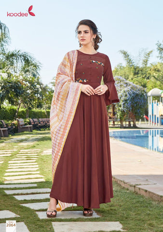 Koodee Presents Chunri Vol 3 Poly Maslin Fancy Designer Gown Type Kurtis Collection