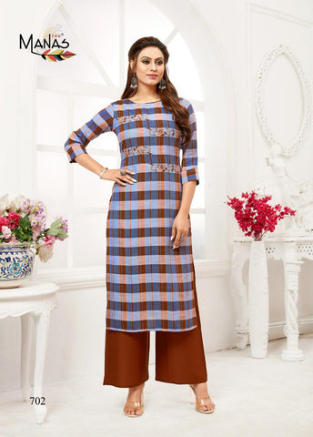 Manas Presents Checks Plazzo Rayon Embroidery Work Fancy Designer Kurtis Collections
