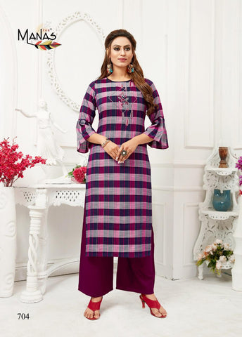 Manas Presents Checks Plazzo Rayon Embroidery Work Fancy Designer Kurtis Collections