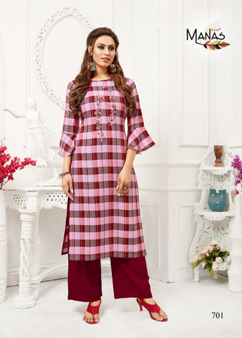 Manas Presents Checks Plazzo Rayon Embroidery Work Fancy Designer Kurtis Collections