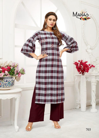 Manas Presents Checks Plazzo Rayon Embroidery Work Fancy Designer Kurtis Collections