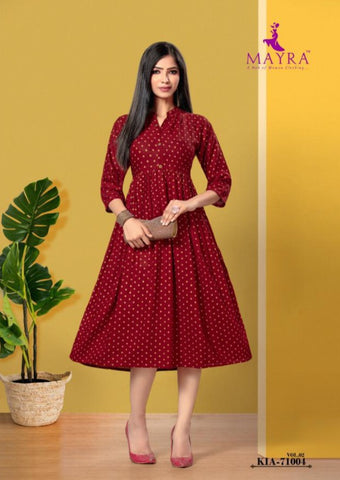 Mayra Presents Kia vol 2 Gold Printed Rayon Designer Kurtis Collection
