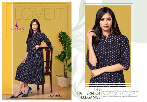 Mayra Presents Kia vol 2 Gold Printed Rayon Designer Kurtis Collection