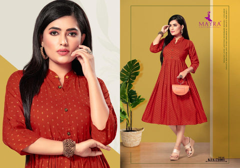 Mayra Presents Kia vol 2 Gold Printed Rayon Designer Kurtis Collection