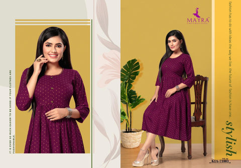 Mayra Presents Kia vol 2 Gold Printed Rayon Designer Kurtis Collection