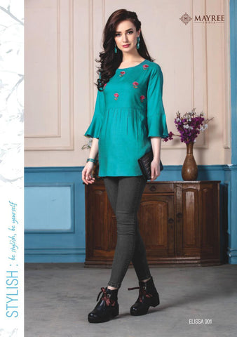 Mayre India Presents Ellisa Rayon Embroidery Work Fancy Designer Kurtis Collection