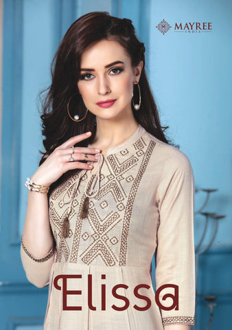 Mayre India Presents Ellisa Rayon Embroidery Work Fancy Designer Kurtis Collection