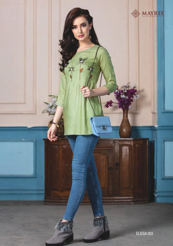Mayre India Presents Ellisa Rayon Embroidery Work Fancy Designer Kurtis Collection
