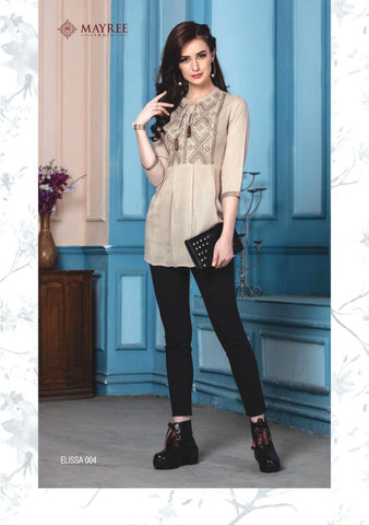 Mayre India Presents Ellisa Rayon Embroidery Work Fancy Designer Kurtis Collection