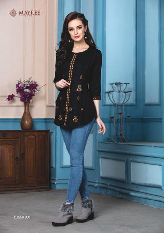 Mayre India Presents Ellisa Rayon Embroidery Work Fancy Designer Kurtis Collection