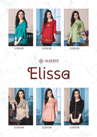 Mayre India Presents Ellisa Rayon Embroidery Work Fancy Designer Kurtis Collection