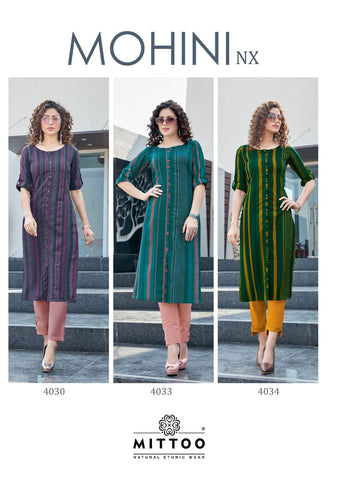 Mittoo Launched Mohini Nx Rayon Fancy Designer Kurtis Collection And Pants