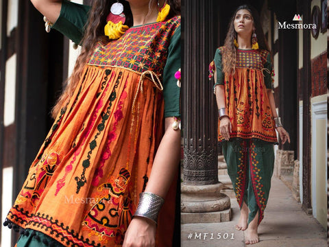 MESMORA KATH PUTALI FEMALE KEDIA COLLECTION COLOURFULMESMORA KATH PUTALI  EMBROIDERY KHADI KURTI WITH PANTS NAVRATRI SPECIAL