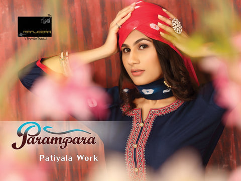 Manjeera Presents Parampara Rayon Patiyala Type Fancy Designer Kurtis Collection