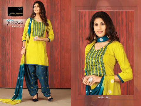Manjeera Presents Parampara Rayon Patiyala Type Fancy Designer Kurtis Collection