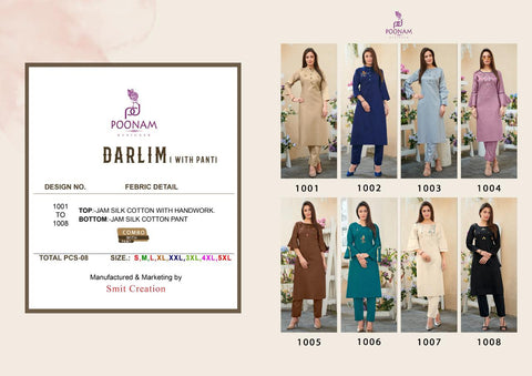 Poonam Designer Presents Darlim Jam Silk Cotton Casual Wear Kurtis Collection